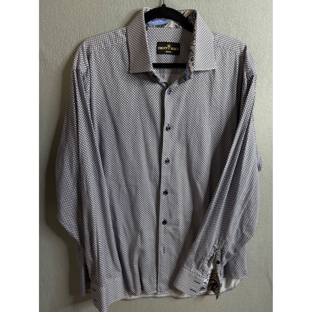 Bertigo Dress Shirt Men's 2XL Long Sleeve‎ Geometric Print Paisley Trim Tailored